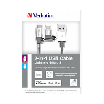Verbatim Lighting + microB USB kabel Sync & Charge, 2-u-1, 100cm, srebrni 